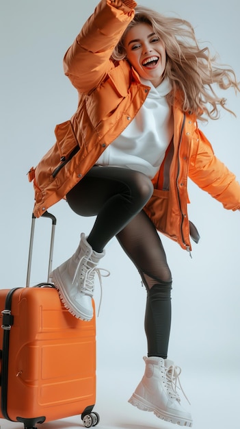 Femme en veste orange sautant avec une valise