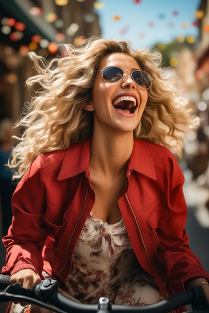 Une femme avec une veste rouge et des lunettes de soleil riant et riant IA générative