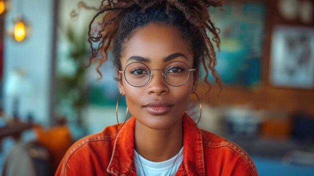 Une femme en veste rouge portant des lunettes