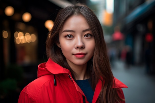 Une femme en veste rouge se tient dans la rue.