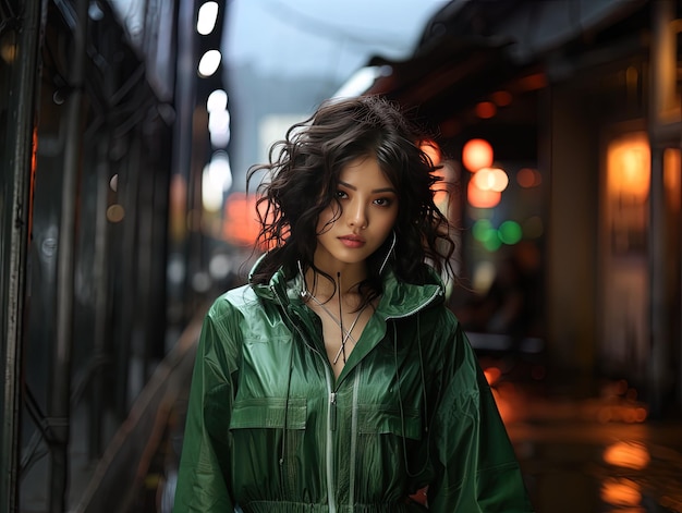 Une femme en veste verte marche dans une rue.