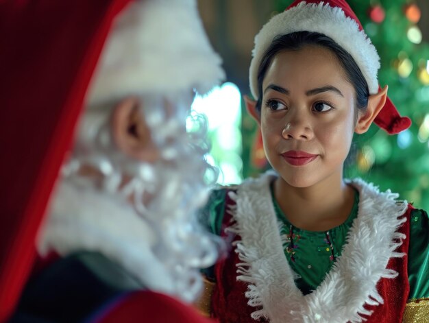 Une femme en vêtement regardant un homme en vêtement de Père Noël.