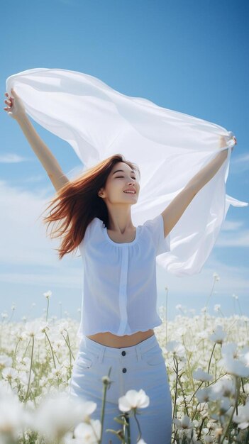 femme en vêtements blancs posant dans un champ de fleurs avec un tissu de soie dans les mains