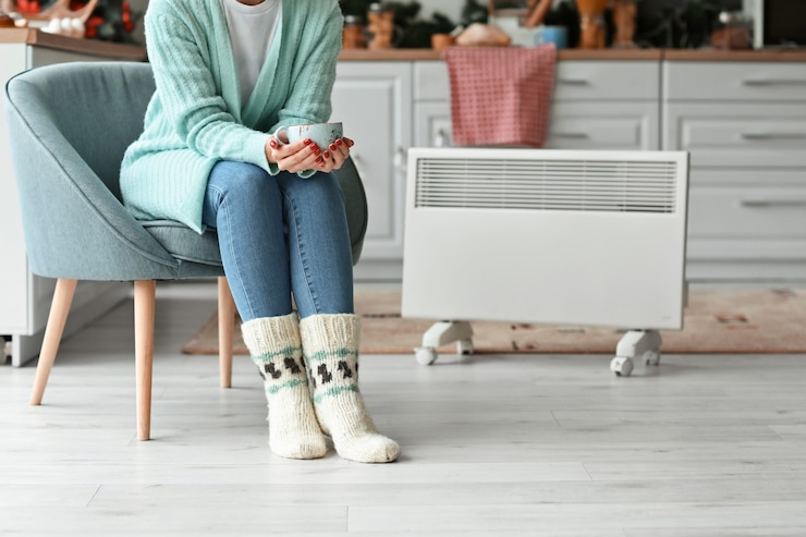 Photo femme en vêtements chauds, boire du thé chaud à la maison. concept de saison de chauffage