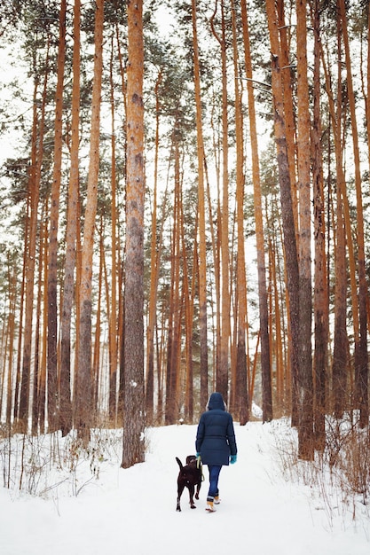 Femme en vêtements chauds jouant avec un chien dans la forêt d'hiver. Mode de vie hivernal actif.