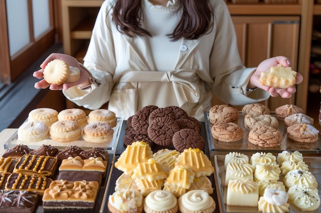 Une femme en vêtements décontractés exposant des biscuits fraîchement cuits sur une table en bois dans une maison confortable
