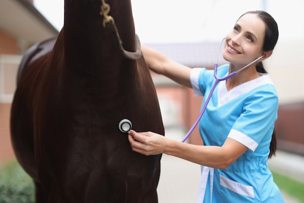 Une femme vétérinaire écoute un stéthoscope de cheval fournissant des soins médicaux au concept de chevaux