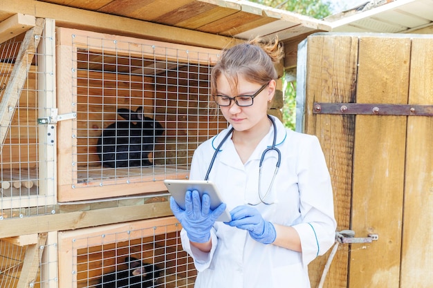 Photo femme vétérinaire avec ordinateur tablette contrôle de l'état de santé des animaux sur fond ranch grange vet d