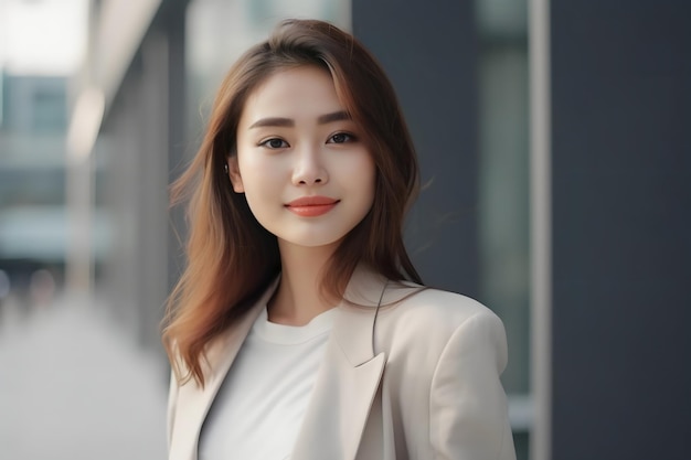 Une femme vêtue d'une chemise blanche et d'une chemise blanche se tient devant un immeuble.