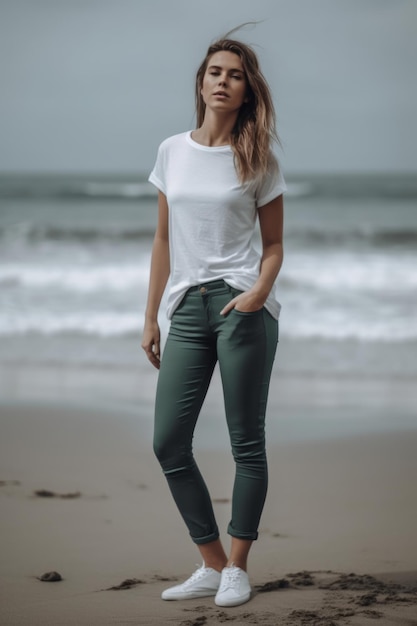 Photo une femme vêtue d'une chemise blanche et de jambières vertes se tient sur une plage