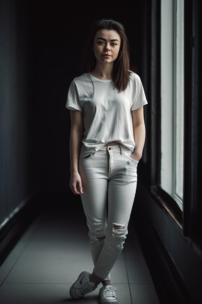 Une femme vêtue d'une chemise blanche et d'un jean blanc se tient dans une pièce sombre.