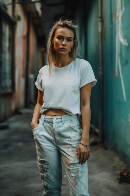 Une femme vêtue d'une chemise blanche et d'un jean bleu se tient devant un mur avec un graffiti disant "je t'aime"