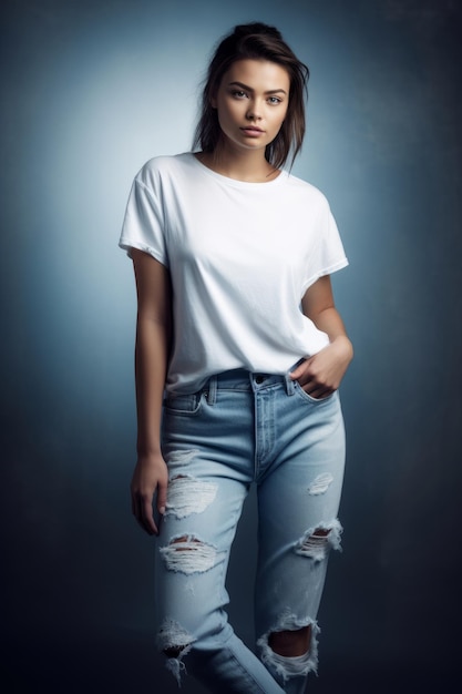 Une femme vêtue d'une chemise blanche et d'un jean se dresse sur un fond sombre.