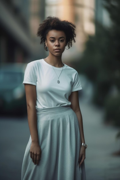 Une femme vêtue d'une chemise blanche et d'une jupe blanche se tient dans une rue.