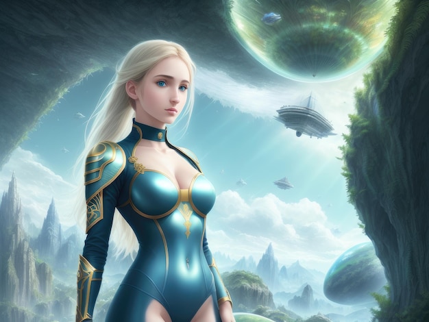 Une femme vêtue d'une combinaison spatiale bleue se tient devant une planète avec un vaisseau spatial en arrière-plan.