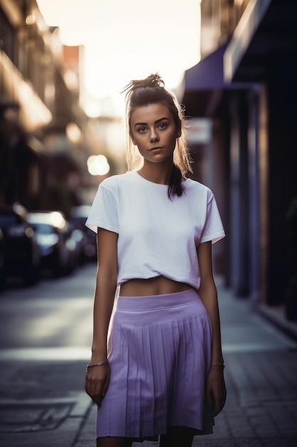 Une femme vêtue d'un haut blanc et d'un pantalon violet se tient dans une rue.