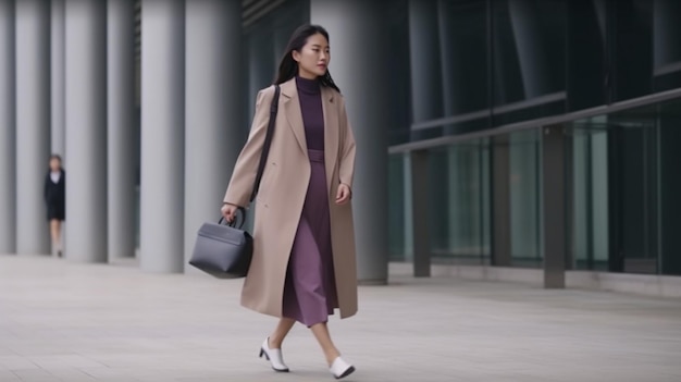 Une femme vêtue d'un long manteau beige marche dans la rue avec un sac noir et une chaussure blanche.