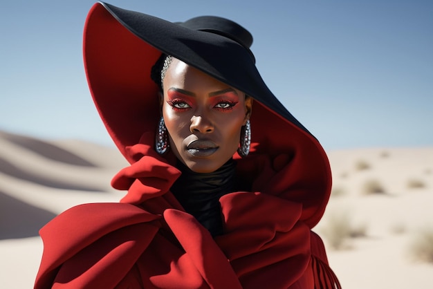 Une femme vêtue d'un manteau rouge et d'un chapeau noir se tient dans le désert.