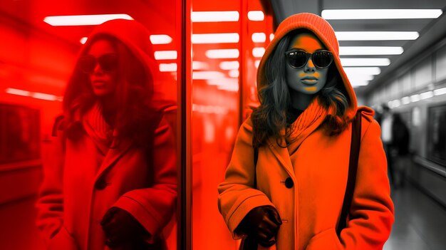 Photo une femme vêtue d'un manteau rouge et de lunettes de soleil se tient devant un miroir