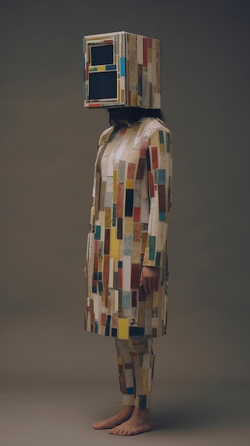 Une femme vêtue d'une robe avec un affichage numérique dessus.