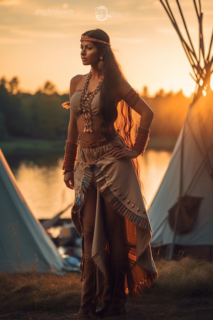 Une femme vêtue d'une robe amérindienne se tient devant un tipi.