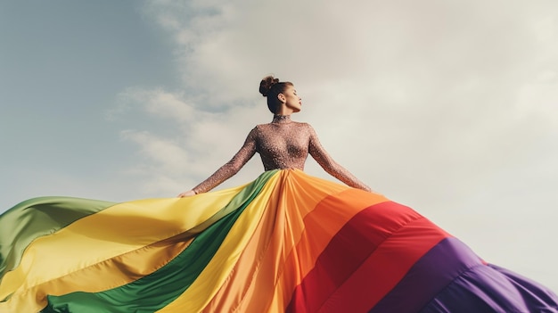 Une femme vêtue d'une robe arc-en-ciel se tient dans le ciel.