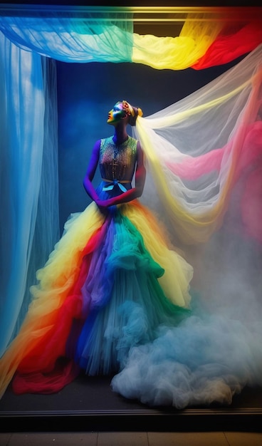 Une femme vêtue d'une robe arc-en-ciel se tient dans une pièce enfumée.