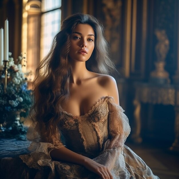 une femme vêtue d'une robe aux cheveux longs est assise devant une fenêtre