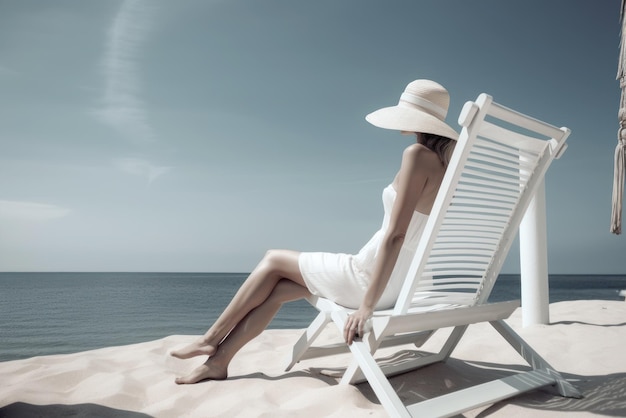 Une femme vêtue d'une robe blanche et d'un chapeau est assise sur une chaise longue, le dos sur la plage Illustration photoréaliste IA générative
