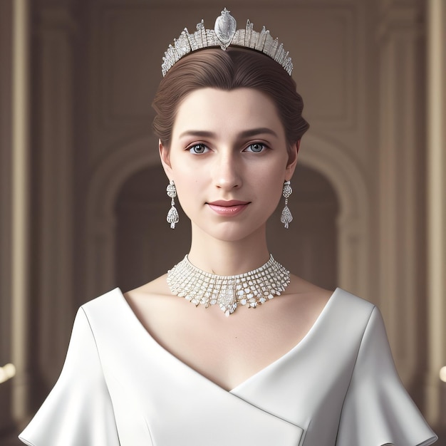 Une femme vêtue d'une robe blanche et d'un collier avec le mot reine dessus.