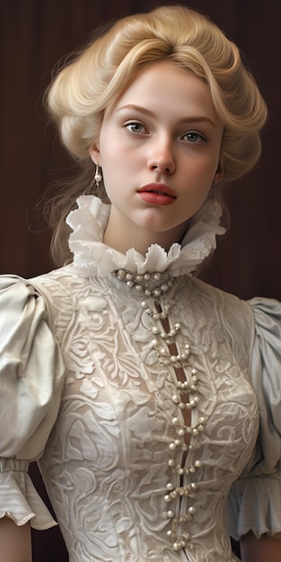 une femme vêtue d'une robe blanche avec un collier de perles dorées.