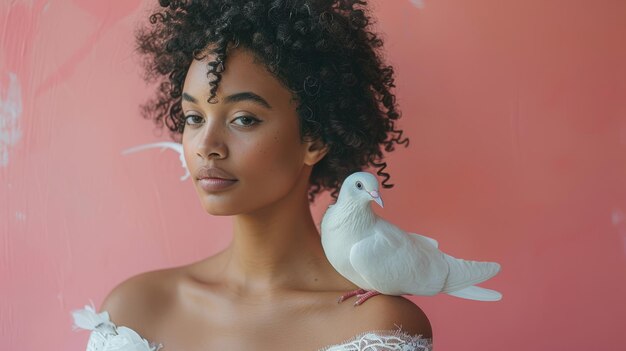 Femme vêtue d'une robe blanche avec une colombe blanche sur une épaule sur un fond rose