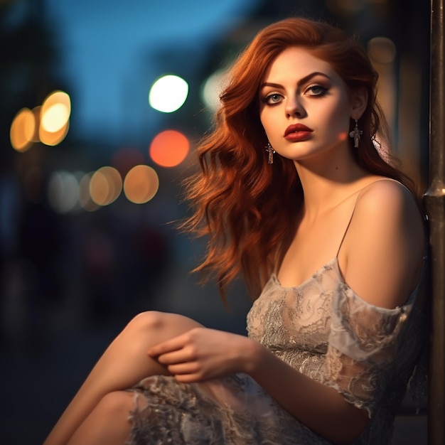 une femme vêtue d'une robe blanche est assise au coin d'une rue devant un réverbère.