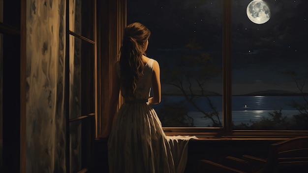 Photo une femme vêtue d'une robe blanche regardant par la fenêtre la lune