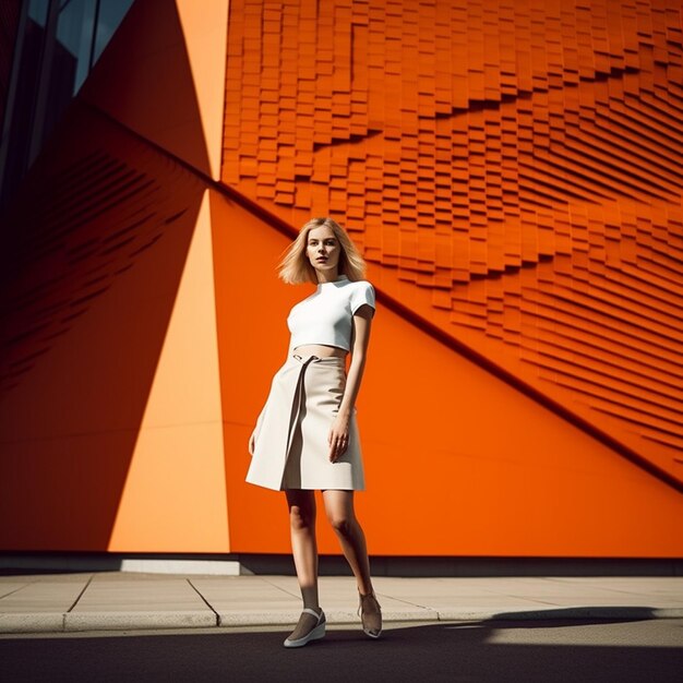 une femme vêtue d'une robe blanche se tient devant un mur orange.