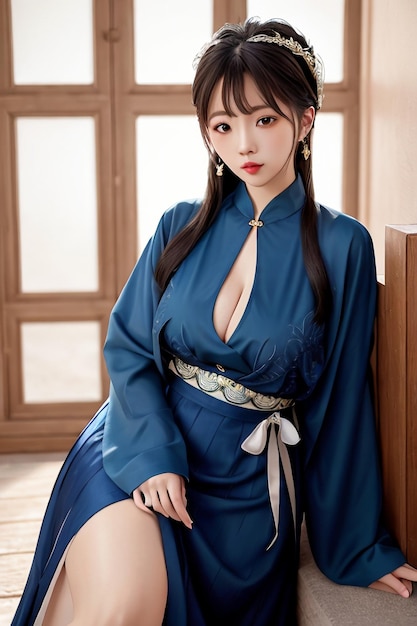 Une femme vêtue d'une robe bleue avec une ceinture blanche est assise dans une pièce avec une fenêtre derrière elle.