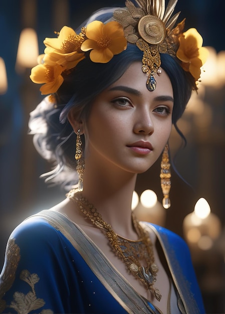 une femme vêtue d'une robe bleue avec des fleurs dorées sur la tête