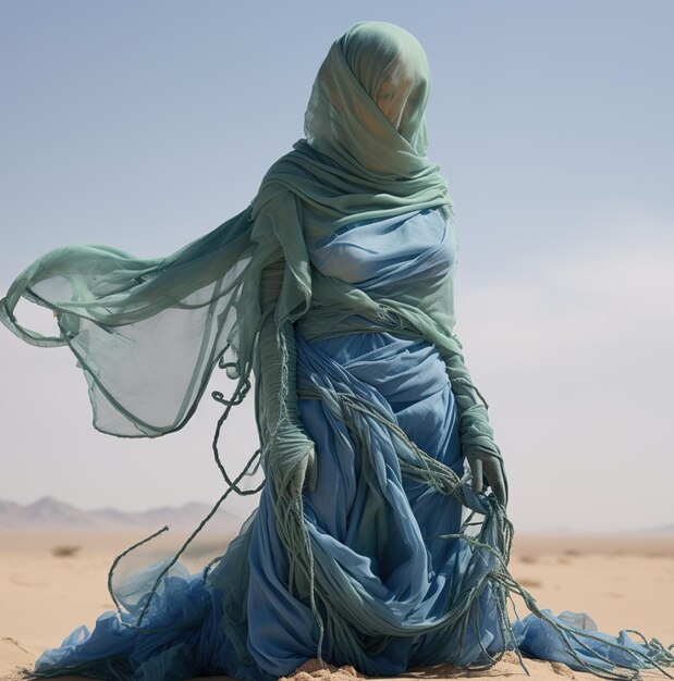 Photo une femme vêtue d’une robe bleue avec un foulard sur la tête.