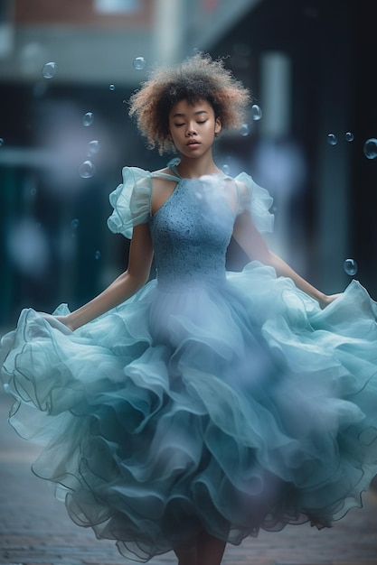 Une femme vêtue d'une robe bleue avec une jupe bleue et une boule blanche au milieu.