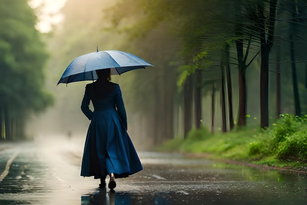 une femme vêtue d'une robe bleue avec un parapluie marche sur une route mouillée.