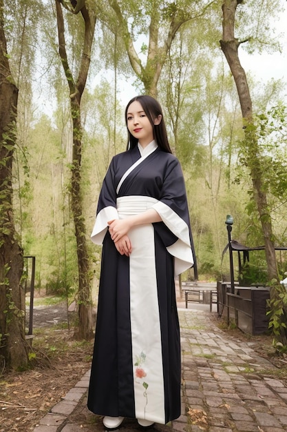 Photo une femme vêtue d'une robe chinoise noire et blanche se tient dans une forêt.