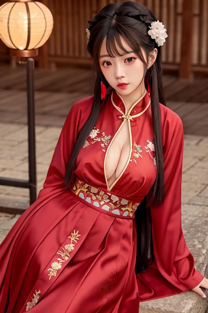 Une femme vêtue d'une robe chinoise rouge avec une chaîne en or autour du cou.