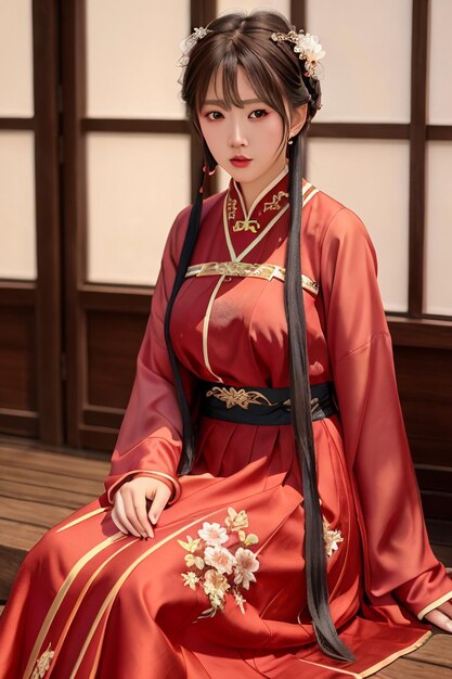 Une femme vêtue d'une robe chinoise rouge est assise sur un banc.