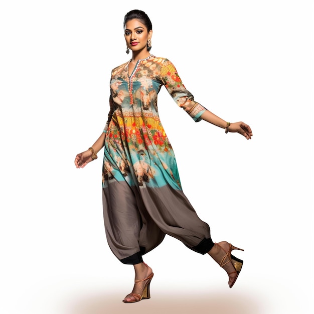 Une femme vêtue d'une robe colorée danse dans les airs