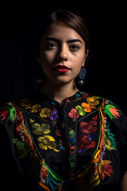 Une femme vêtue d'une robe colorée avec un fond noir chiapaneca