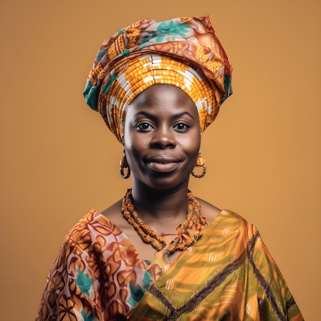 Une femme vêtue d'une robe colorée et d'un foulard sourit.