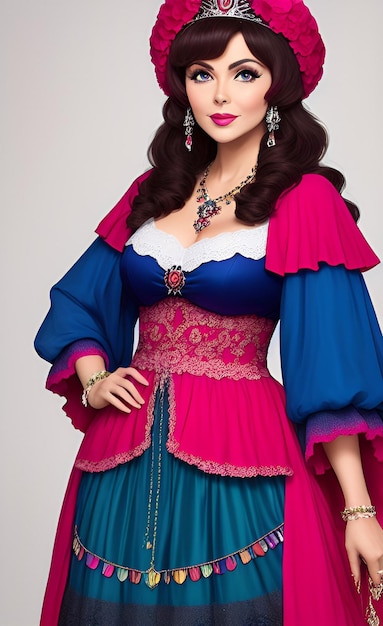 Une femme vêtue d'une robe colorée avec un grand collier et un collier.