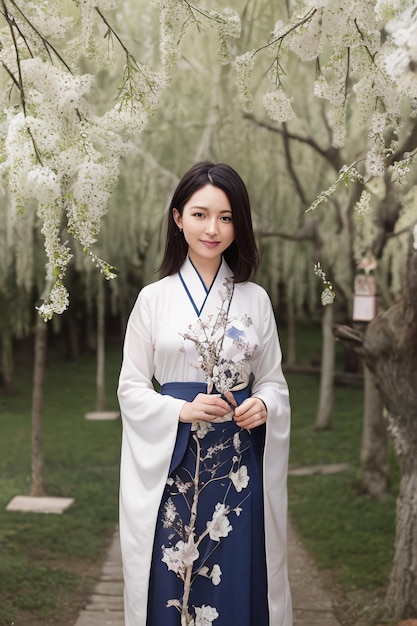 Une femme vêtue d'une robe coréenne traditionnelle se tient devant un arbre à fleurs blanches.