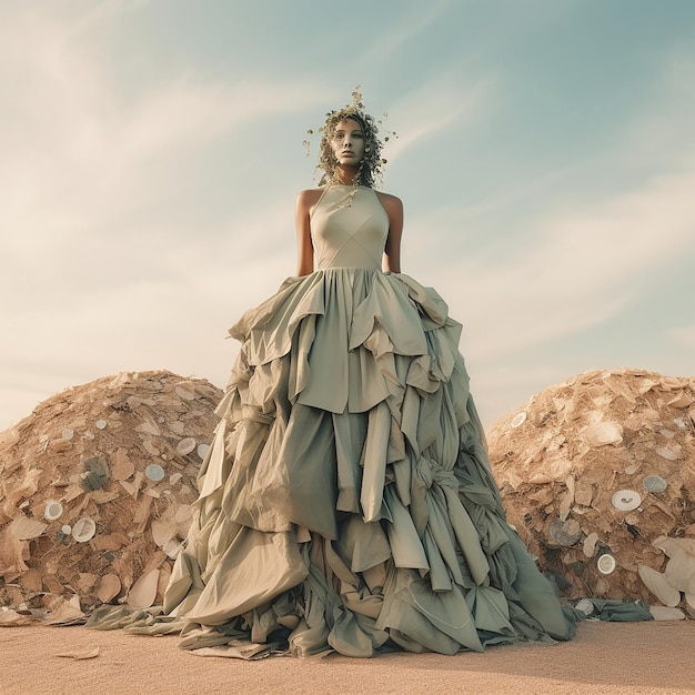 Une femme vêtue d’une robe avec une couronne sur la tête se tient dans le désert.