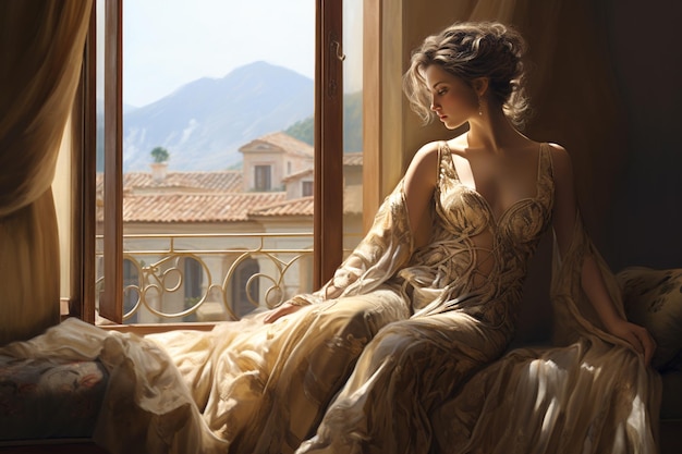 une femme vêtue d'une robe dorée est assise devant une fenêtre
